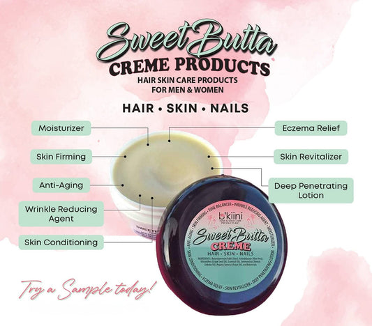 Sweetbutta Creme body butter jar with product benefits including moisturizer, anti-aging, wrinkle reducing, eczema relief, and skin revitalizer.